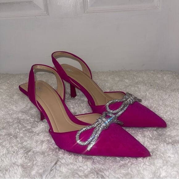 Zara Pink Slingback Heel Satin Effect Rhinestone Bow Shoes - Picture 3 of 9